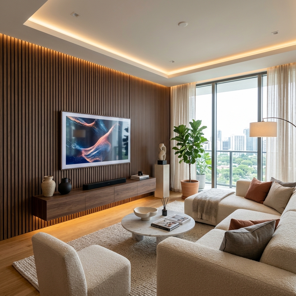 2026 Trendi: TV Ünitesi Arkası Ahşap Desenli Duvar Paneli Fikirleri